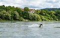 Surfer bungee surfing on the Rhine River in Bad Saeckingen