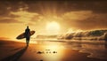 surfer carry a surf board on the beach with golden view generative AI Royalty Free Stock Photo