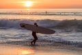 Surfer carrying the surfboard into water with waves in the sunset Royalty Free Stock Photo
