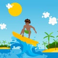 Surfer cartoon character riding wave, vector illustration. Young man on surfboard, tropical island landscape, summer Royalty Free Stock Photo