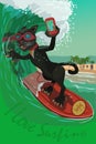 Surfer cat with a mobile phone on an ocean wave