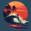 Surfer catches a wave at dusk, palm trees silhouetted against the setting sun Royalty Free Stock Photo