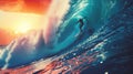 Surfer catching a towering wave at dawn, carving a path with precision and grace, atmosphere of freedom and harmony with the ocean Royalty Free Stock Photo