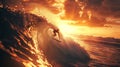 Surfer catching a towering wave at dawn, carving a path with precision and grace, atmosphere of freedom and harmony with the ocean Royalty Free Stock Photo