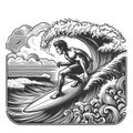 Surfer Catching Wave engraving raster illustration