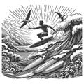 Surfer Catching Wave engraving raster illustration