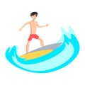 Surfer character in with surfboard standing and riding on ocean wave. Royalty Free Stock Photo