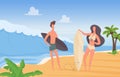 Surfer couple people with surfboards on summer sport, travel extreme vacation adventure