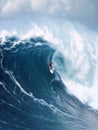 A surfer deftly navigates a towering wave, a display of skill and bravery against the ocean's mighty power. The