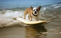 Surfer dog swims through the waves on a surfboard on the sea, summer landscape, generative ai Royalty Free Stock Photo