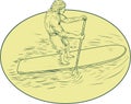 Surfer Dude Stand Up Paddle Oval Drawing