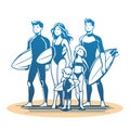 Surfer Family. Vector Cartoon Illustration on White Background Royalty Free Stock Photo