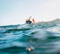 Surfer feet with safety surfboard cord on the wave crest