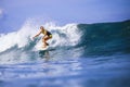 Surfer girl on Amazing Blue Wave Royalty Free Stock Photo