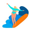 Surfer girl character in a blue swimsuit with surfboard riding on waves. Vector illustration in flat cartoon style Royalty Free Stock Photo