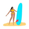 Surfer girl character in a yellow swimsuit standing on a beach with a surfboard. Vector illustration in flat cartoon Royalty Free Stock Photo