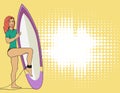 Surfer girl in pop art style. Beautiful woman standing with surfboard.