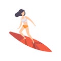 Surfer girl riding a surfboard, young woman enjoying summer vacation on the sea or ocean vector Illustration on a white Royalty Free Stock Photo
