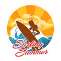 Surfer Girl Silhouette Retro Design Template Royalty Free Stock Photo