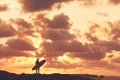 Surfer girl silhouette on sunset Royalty Free Stock Photo