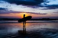 Surfer girl silhouette. Surf woman with surfboard on the beach Royalty Free Stock Photo