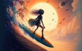 surfer girl on surfboard in cyberpunk suit is floating on waves in space. Dreams and fantasy. Generative AI illustration Royalty Free Stock Photo