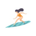 Surfer girl in swimsuit riding waves, young woman enjoying summer vacation on the sea vector Illustration on a white Royalty Free Stock Photo