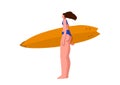 Surfer girl in trendy flat style. Vector.Woman with a surf board in hands.A young tanned girl with long flowing hair in a swimsuit Royalty Free Stock Photo