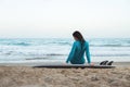 Surfer girl walking with board on the sandy beach. Surfer female.Beautiful young woman at the beach. water sports. Healthy Active Royalty Free Stock Photo