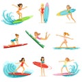 Surfer girls riding on waves set, surfboarders in different poses vector Illustrations