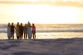 Surfer group, silhouette and sunset with space for mockup at beach for freedom, youth and nature. People, women and men Royalty Free Stock Photo