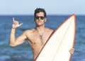 Surfer guy happy with surf surfing smiling doing hawaiian shaka hand sign for fun during surf session in ocean waves on beach Royalty Free Stock Photo