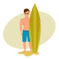 Surfer is holding board for swimming, spending vacation on sea.
