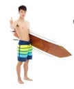 Surfer holding a surfboard and thumb up Royalty Free Stock Photo