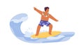 Surfer kid riding surfboard on water wave in sea. Cool boy surfing, standing on surf board on summer holidays. Active Royalty Free Stock Photo