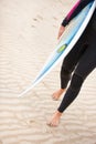 Surfer, man or feet on beach sand with surfboard on vacation or adventure for fitness, walking or travel. Legs of Royalty Free Stock Photo