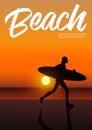 Surfer man holding his surfboard on the beach at sunset. Royalty Free Stock Photo