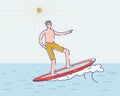 Surfer man on surf board riding ocean wave. Young cartoon guy standing on surfboard Royalty Free Stock Photo