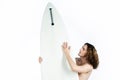 Surfer man with surfboard isolated on white. Surfing sport. Guy surfers going to surf. Royalty Free Stock Photo