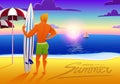 Surfer on the ocean beach at sunset with surfboard. vector illustration, vintage effect. sports man on weekends, healthy Royalty Free Stock Photo