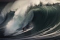 Surfer in ocean wave. Extreme sport and water surfing concept, Extreme surfers surfing on the huge sea waves, rear view, no