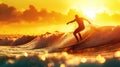 Surfer on ocean wave at sunset, silhouette of man on sun and sky background, person rests on sea beach. Concept of surf, sport, Royalty Free Stock Photo