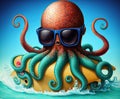 Surfer Octopus with sunglasses surfing illustration generative ai