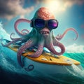 Surfer Octopus with sunglasses surfing illustration generative ai