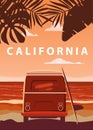 Surfer orange bus, van, camper with surfboard on the tropical beach. Poster California palm trees and blue ocean behind