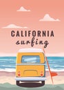 Surfer orange bus, van, camper with surfboard on the tropical beach. Poster California palm trees and blue ocean behind