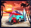 Surfer orange bus, van, camper with surfboard on the tropical beach. Poster California palm trees and blue ocean behind. Retro