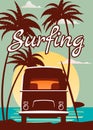 Surfer orange bus, van, camper with surfboard on the tropical beach. Poster Surfing palm trees and blue ocean behind