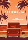 Surfer orange bus, van, camper with surfboard on the tropical beach. Poster California palm trees and blue ocean behind