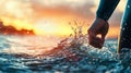 A surfer paddles through a wave at sunset with his hand close up. Royalty Free Stock Photo